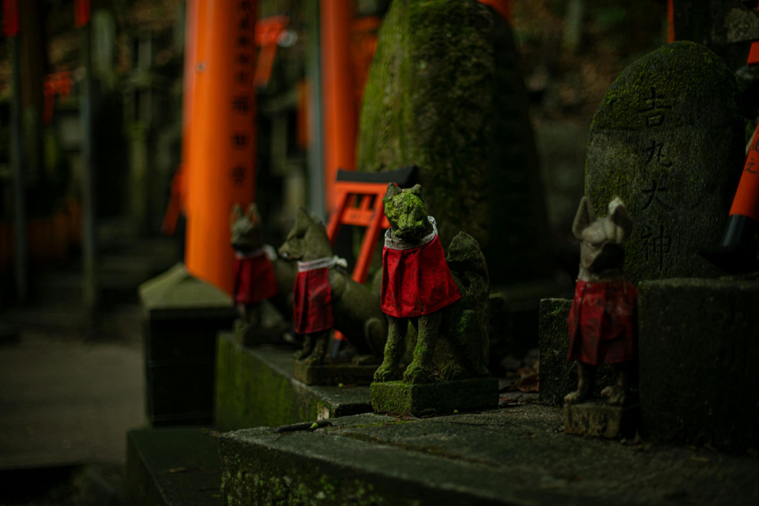 Moss-covered fox statues with red bibs at a shrine in Kyoto, Japan.