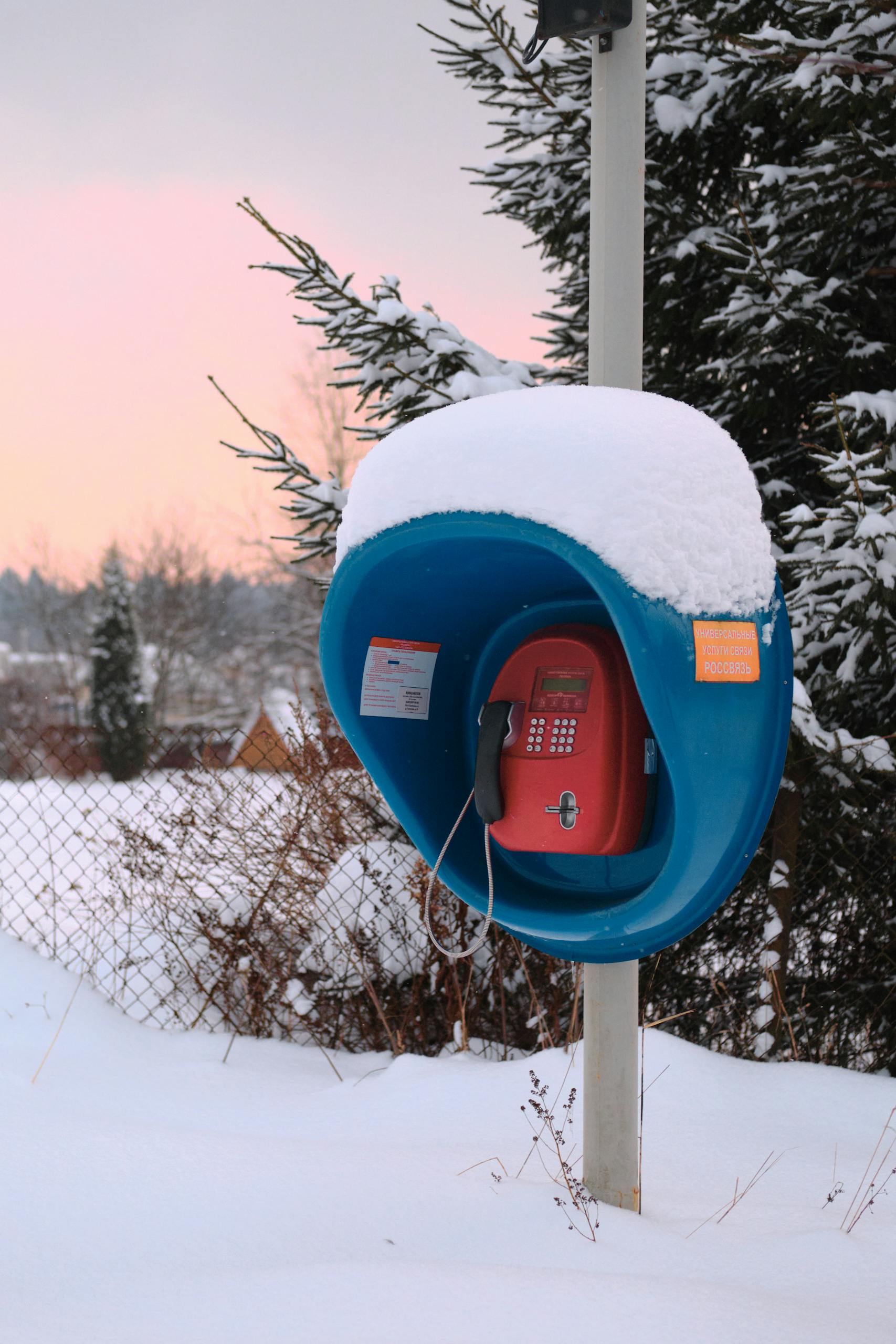 A payphone encased in a snow-covered shell, set against a wintry outdoor landscape.