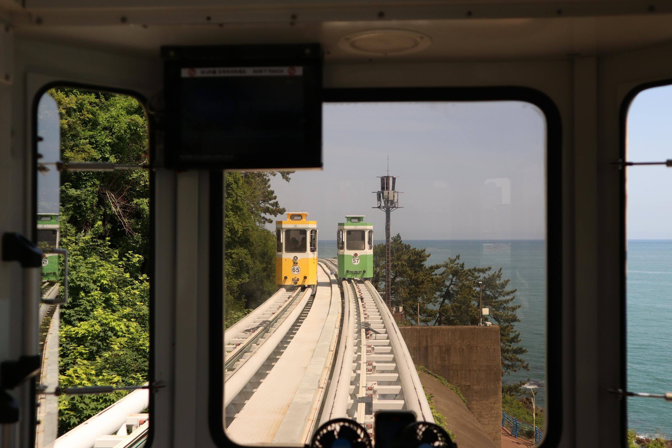 Experience a scenic ride with coastal views from a train window, offering glimpses of lush greenery and the sea.