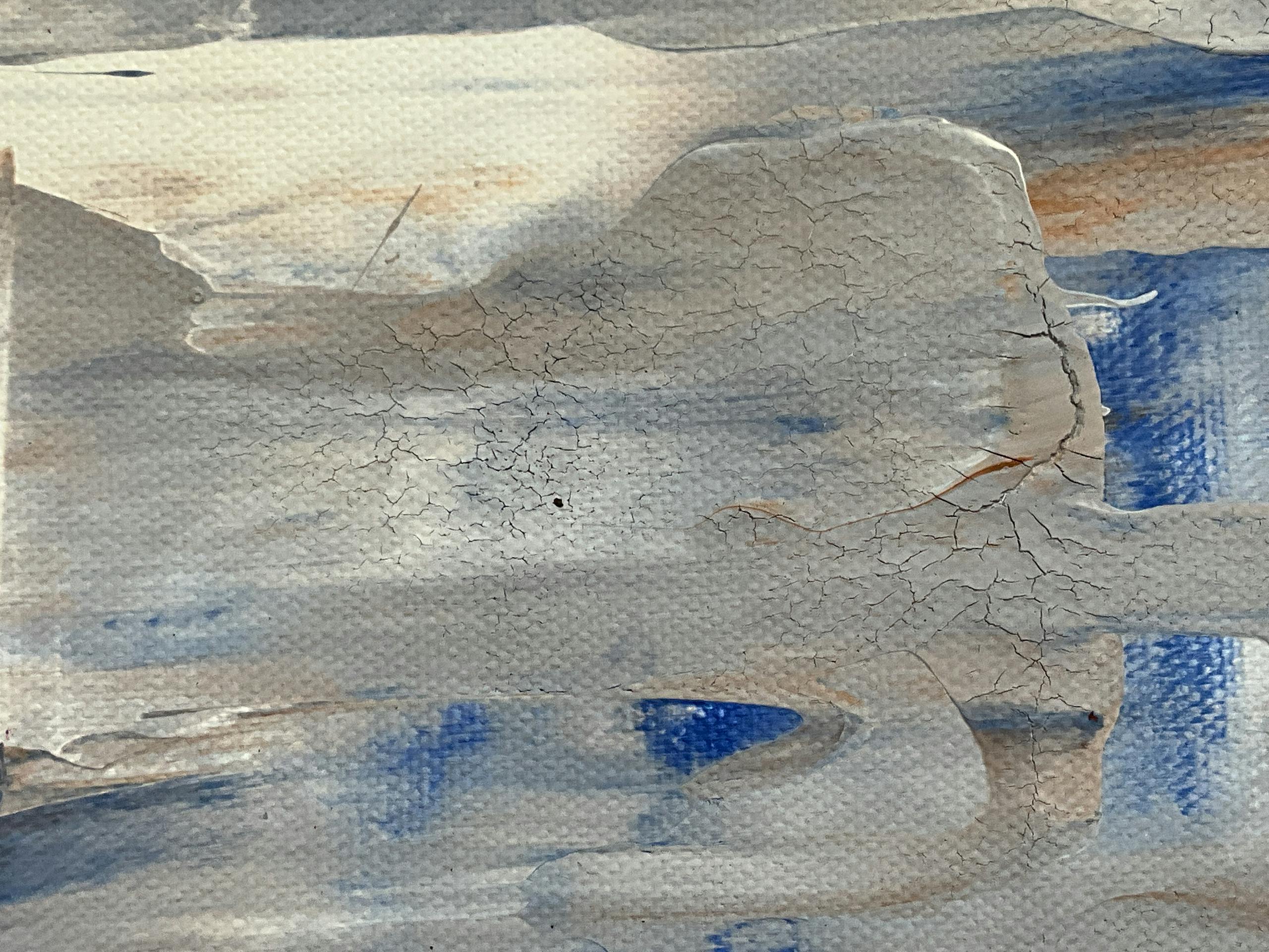 Close-up of abstract cracked acrylic paint on a textured canvas surface.