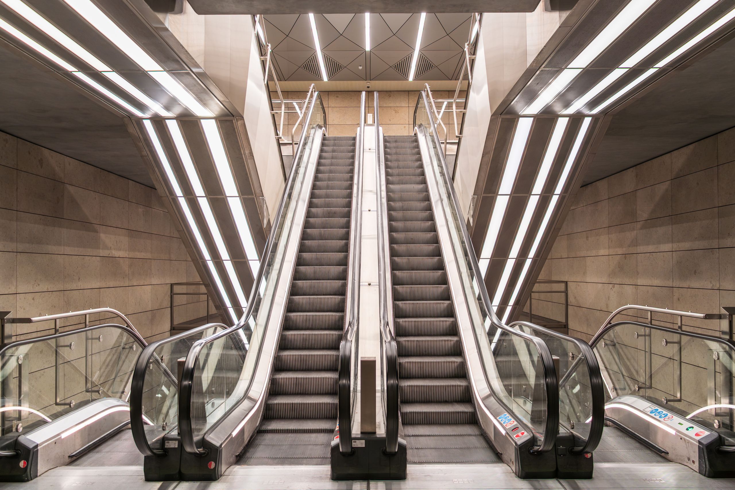 Sleek and futuristic metro station interior in Copenhagen, showcasing minimalist Scandinavian design.